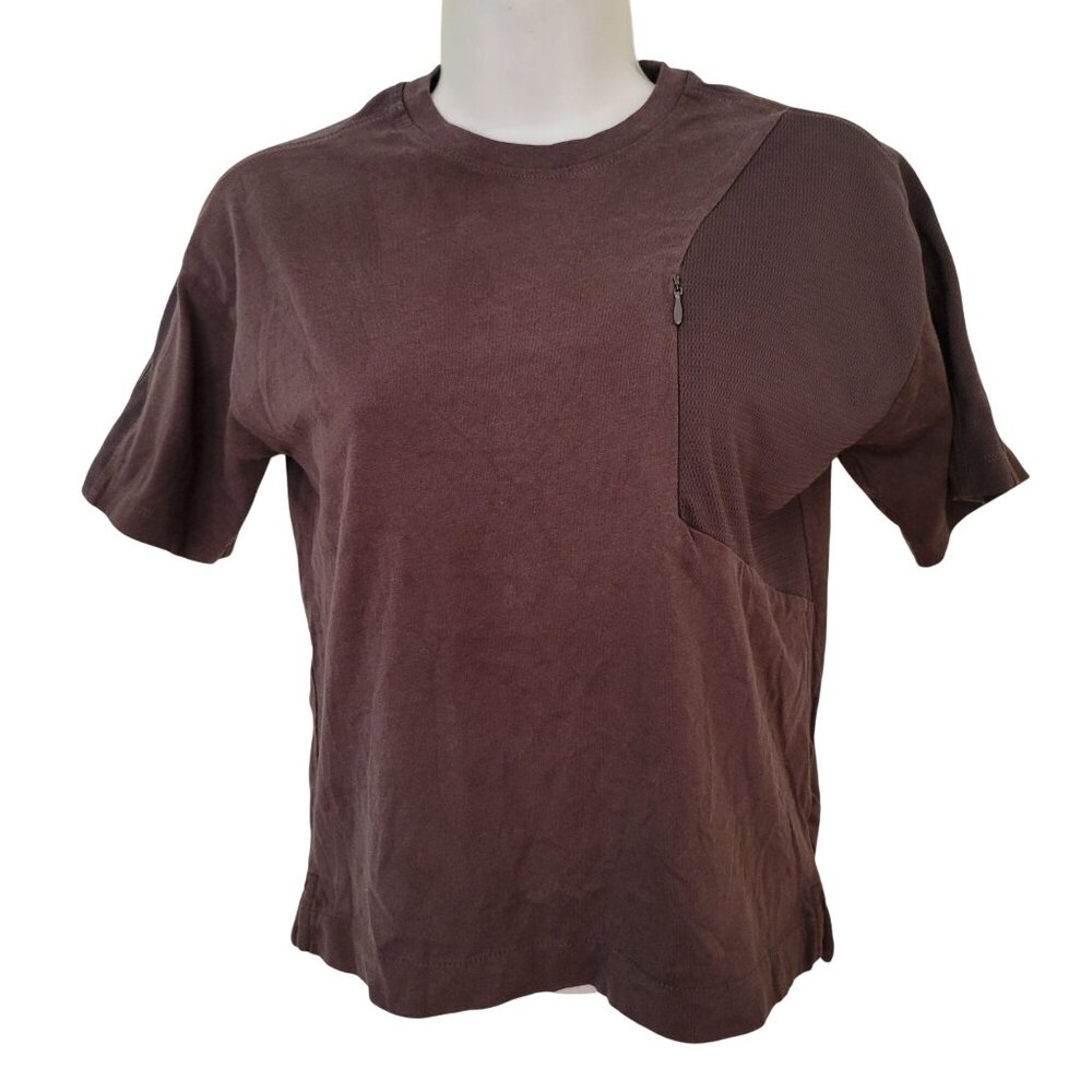 Zara‎ 8 Brown Cropped T Shirt Zippered Pocket Athleisure Sport